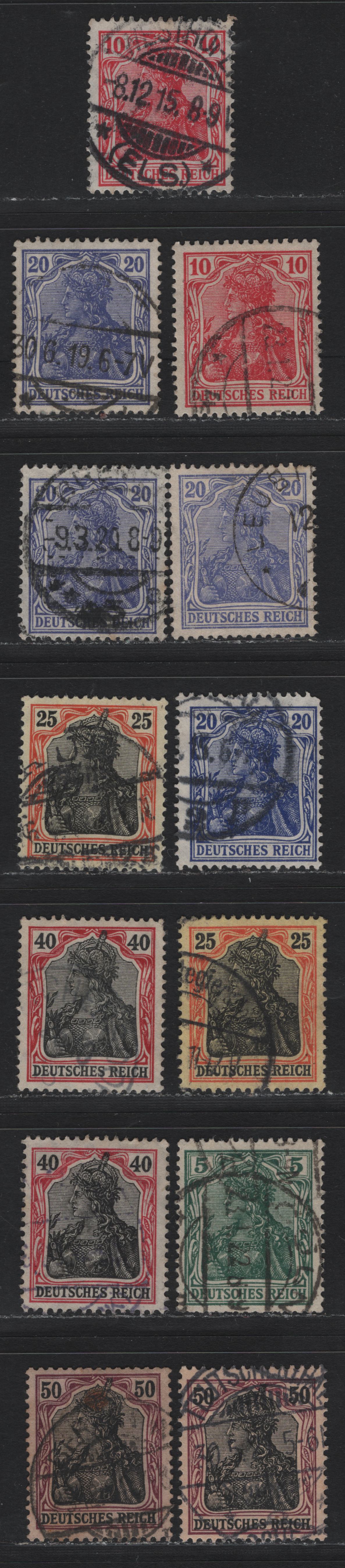Lot 150 Germany SC#82, 83,d, 84,b, 85, 87-88 (86IIa,c, 87IIa,d, 88IIa, 90IIa-b, 91IIx) 5pf - 50pf Opal Green - Dark Gray Lilac , 1913-1920 Germania Issue, Fine/Very Fine Used Singles