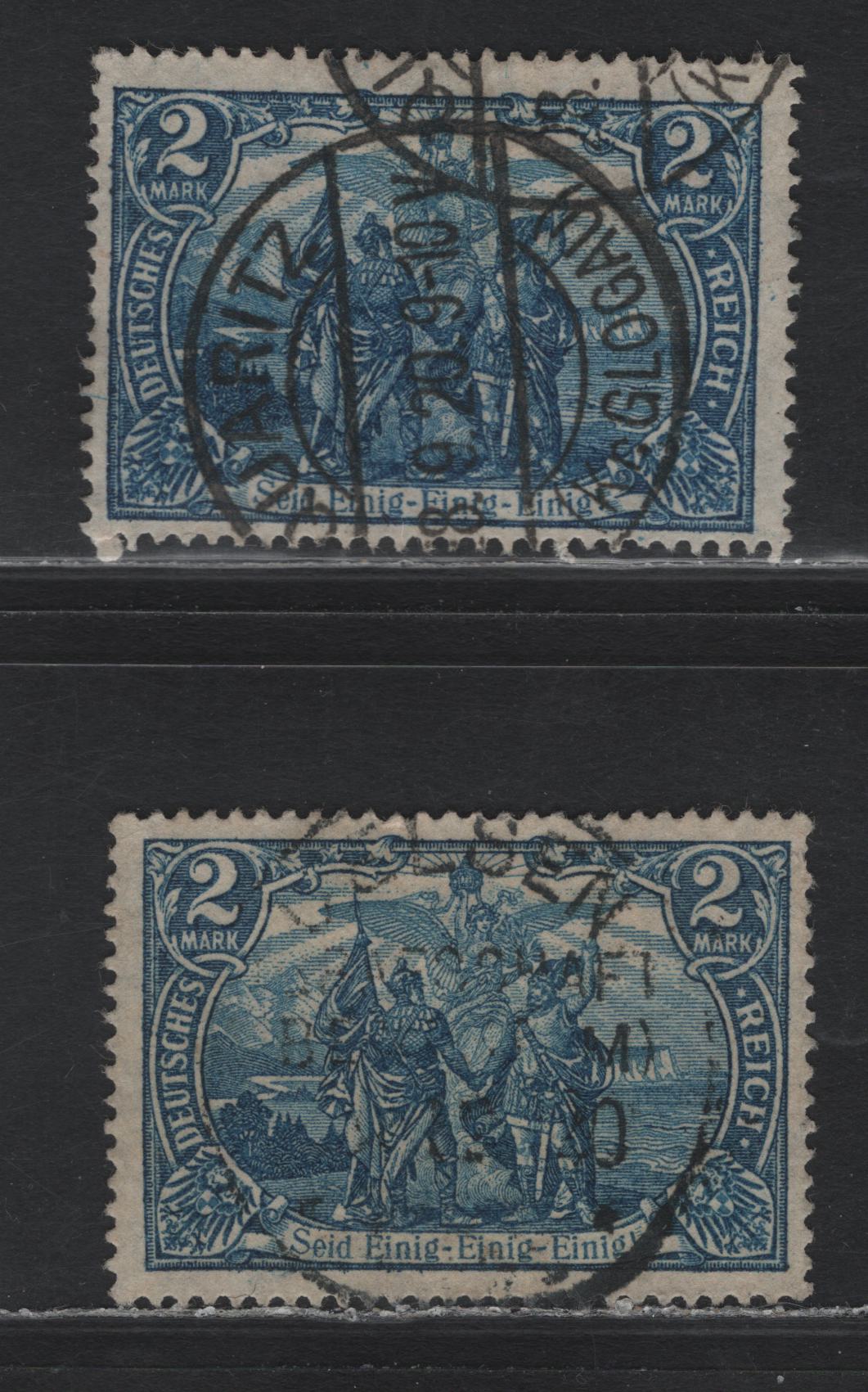 Lot 153 Germany SC#93-a (95IIBb,Bw) 2m Blackish Gray Ultramarine - Dark Cobalt Blue , 1913-1920 Germania Issue, 2 Fine Used Singles, 1920 Belsen CDS, May 1918 & 1916 Printings
