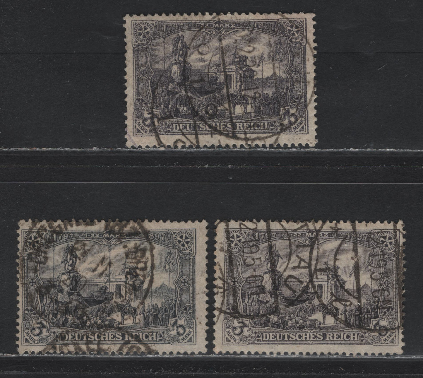 Lot 155 Germany SC#94,b (96BIIa-b) 3m Blackish Gray Violet - Blackish Violet Gray , 1913-1920 Germania Issue, 2 Fine Used Singles, December 1919 & February  1920 Cancels