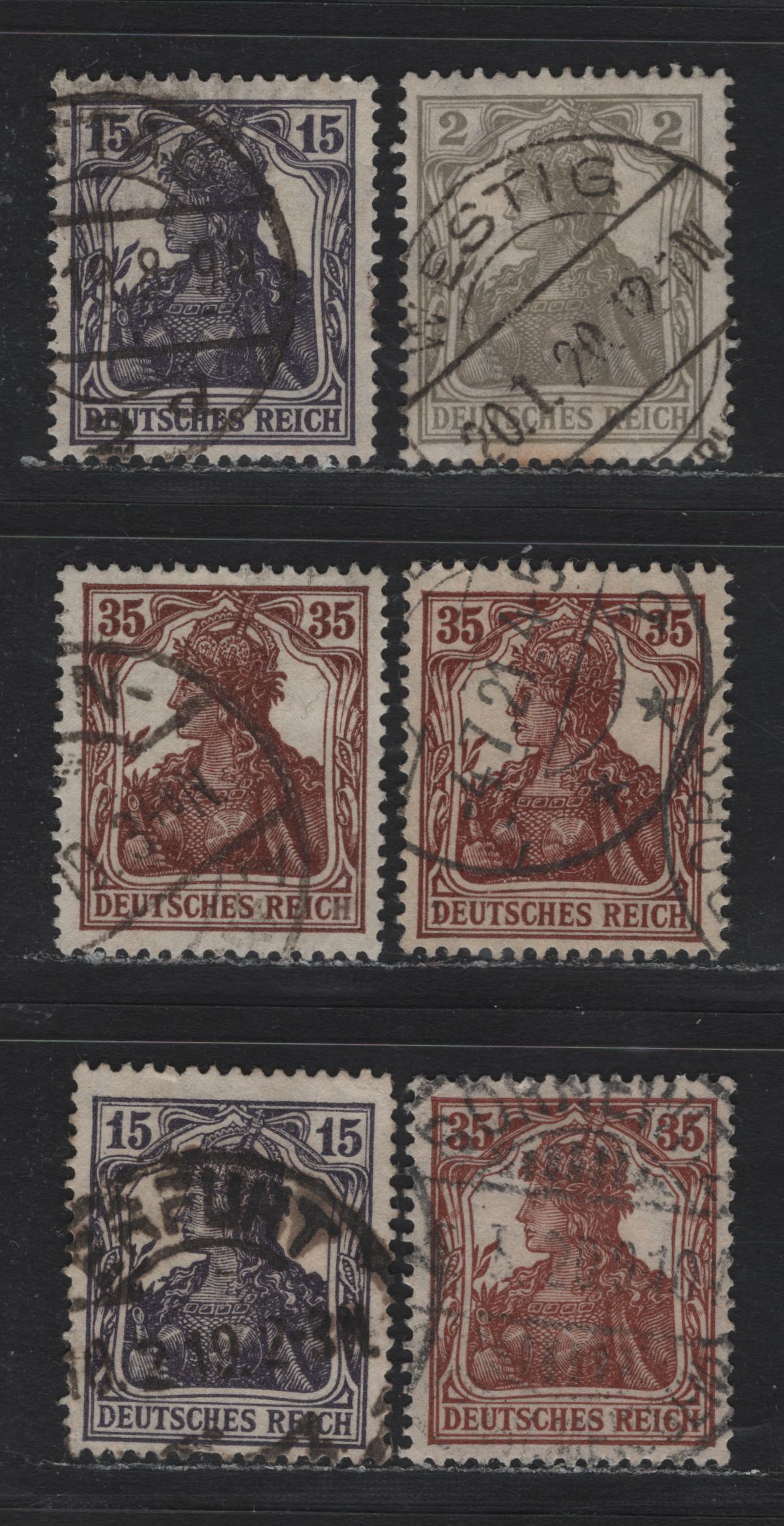 Lot 157 Germany SC#96, 100,d, 101-a (101a-b, 102, 103a-b) 2pf - 35pf Yellowish Gray - Reddish Brown , 1913-1920 Germania Issue, Fine/Very Fine Used Singles, 1916-1918 Germania New Values & Colors