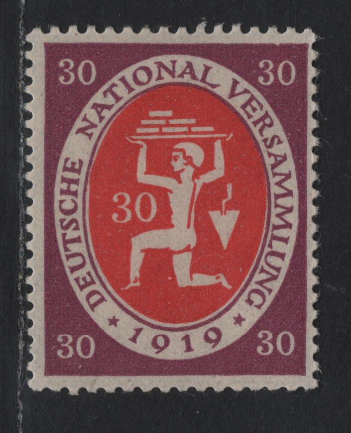 Lot 160 Germany SC#108 (110a) 30pf Dark Gray Lilac & Cinnabar) , 1919 Republic National Assembly Issue, A FOG Single, Common Shade For The Frame Is Either Dark Rose Lilac to Brownish Lilac