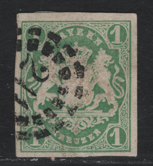 Lot 16 Bavaria SC#15a 1kr Dark Blue Green , 1867-1868 Imperf Embossed Arms Issue, A Very Fine Used Single, #211 Open Millwheel Cancel For Hof