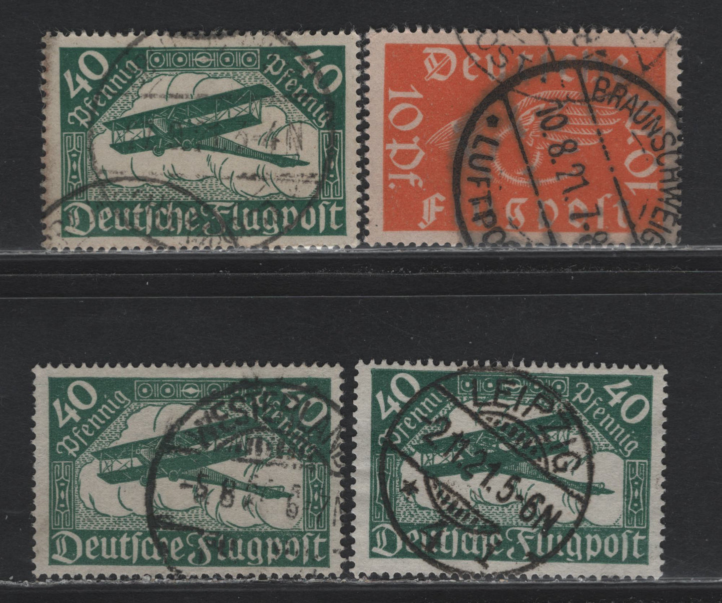 Lot 162 Germany SC#C1-C2 10pf - 40pf Orange - Dark Green , 1919 Airmail Issue, 2 Fine/Very Fine Used Singles, Clear Postal Cancels, Shade Variations On Both Transparent Thin & Thicker Translucent Papers