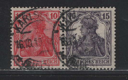 Lot 166 Germany SC#83d, 100 (W13aa) 10pf - 15pf Lively Carmine Red - Gray Violet , 1919-1920 National Assembly Issue, A Very Fine Used Booklet Pair, Center Of Booklet Pane, October 16 1919 Karlsbad CDS & BPP Inflation Guarantee Backstamps