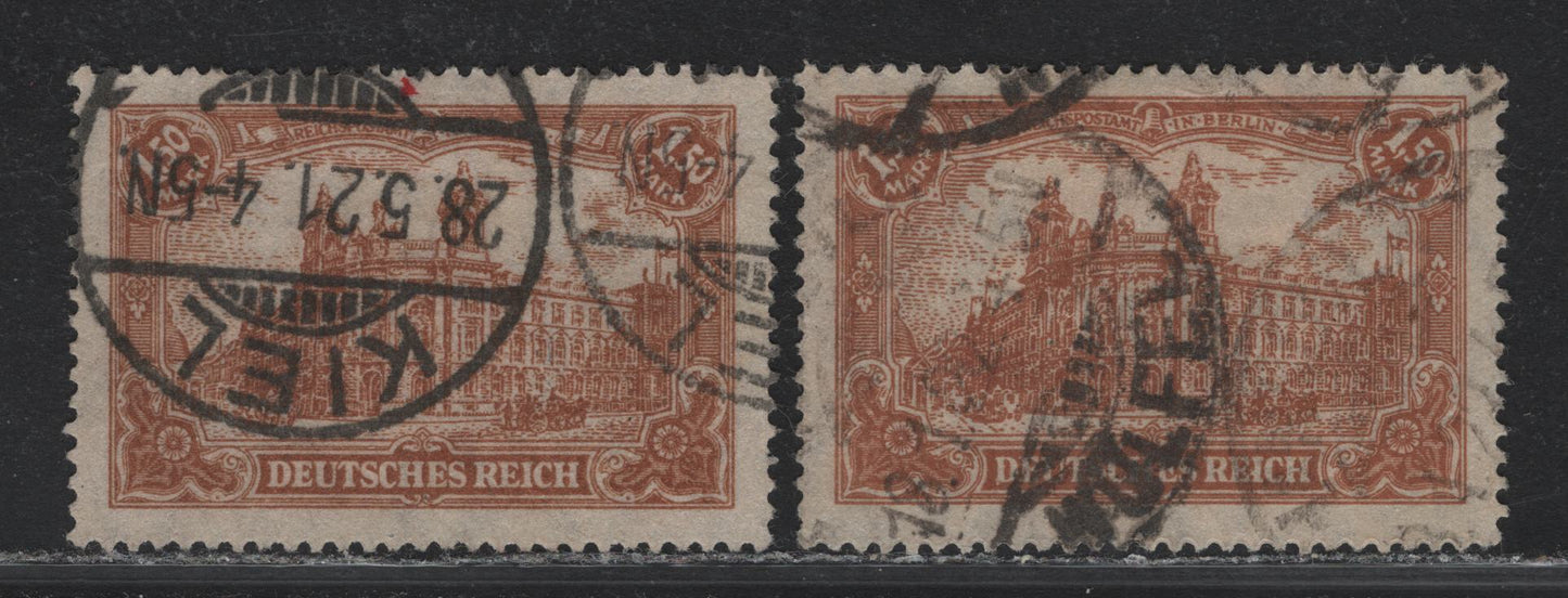 Lot 170 Germany SC#113,b (114a-b) 1.5m Lively Brown Orange - Dark Brown Orange , 1920 Offset High Value Designs, 2 Fine/Very Fine Used Singles, Better Shade Has A May 28 1921 Ked Cancel