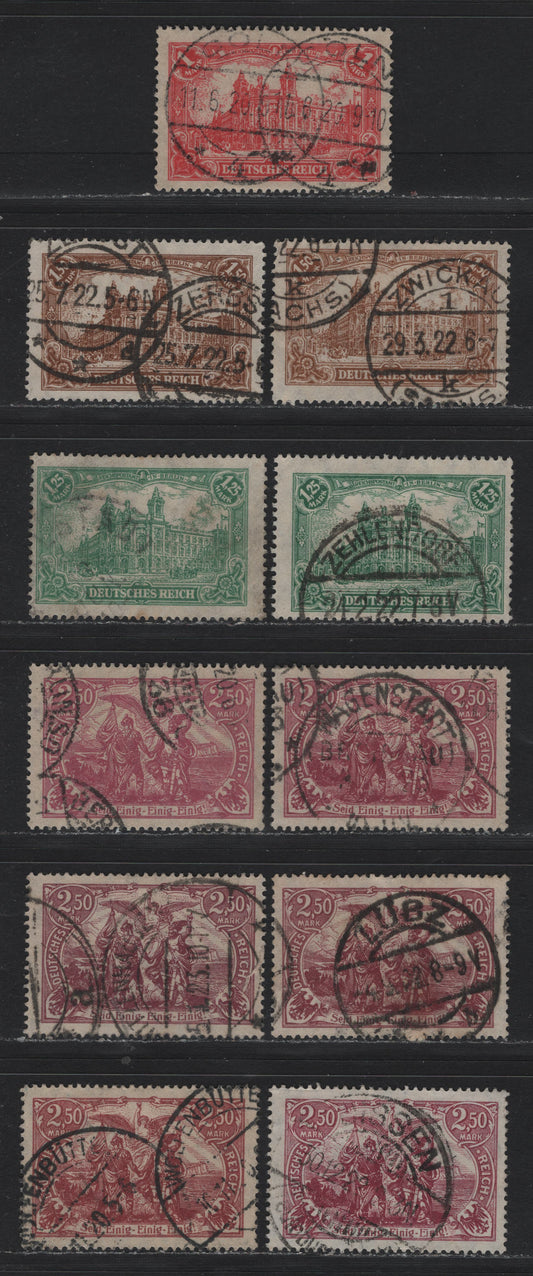 Lot 171 Germany SC#111-113, 114-c (A113a, 113, 114a, 115a,c,e,f) 1m - 2.5m Red - Lilac Carmine , 1920-1921 Surcharged Issues, Fine/Very Fine Used Singles