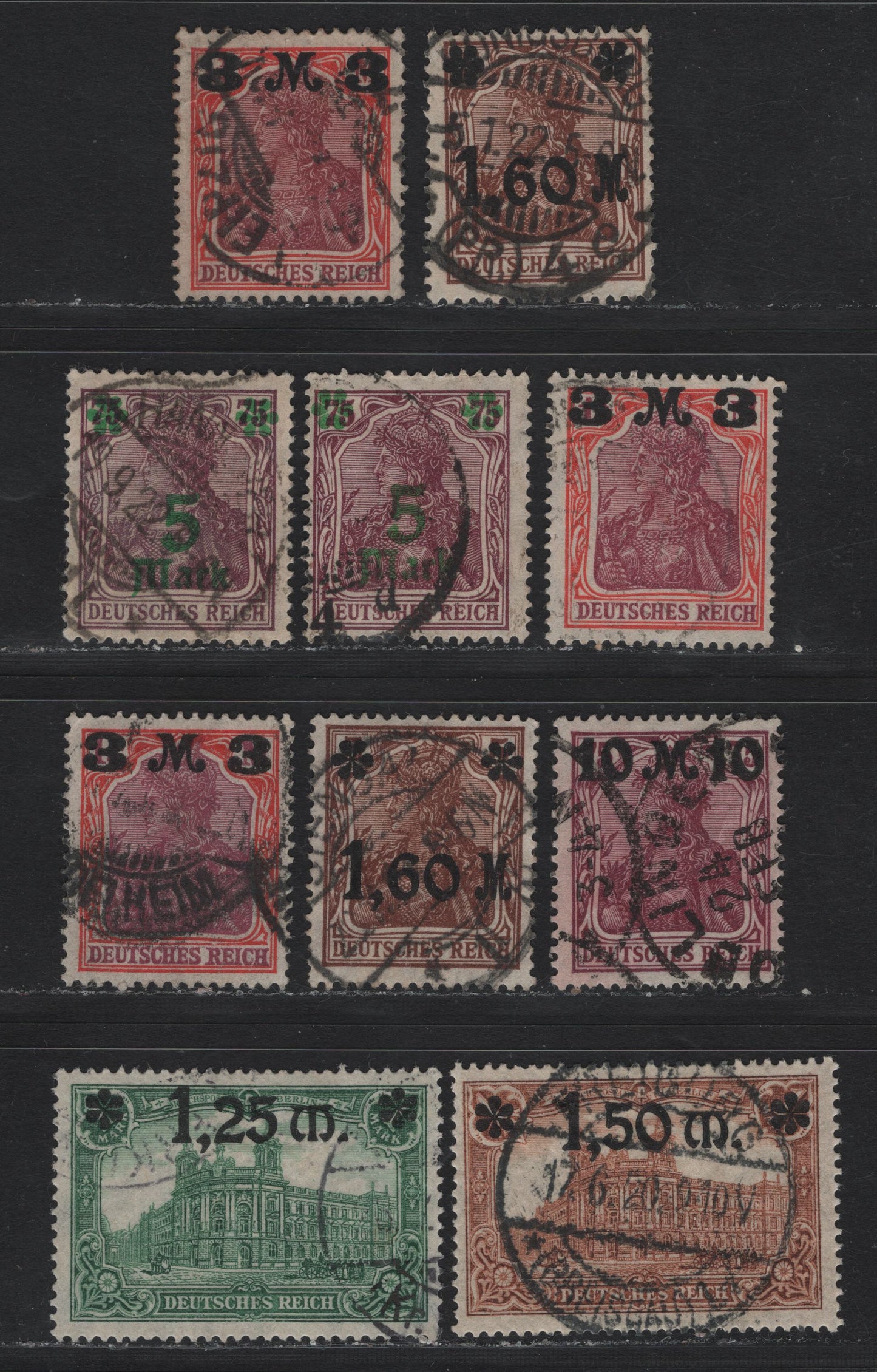 Lot 172 Germany SC#115-116, 133-136 (116I, 117, 154Ia, 154IIa, 155IIa, 154Ia, 156I, 157I) 1.5m on 1m - 10m on 75pf Green - Blackish Rose Lilac , 1920-1921 Surcharged Issues, Fine/Very Fine Used Singles, Shiny & Matte Overprints, Unlisted Shade Variations