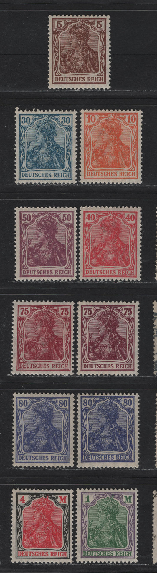 Lot 174 Germany SC#118-119, 123-125, 127-129, 132 (140b, 141, 144II, 125AII, 146II, 148II, 149aI, 150, 153) 50pf - 4m Sienna - Black & Rose , 1920 Germania Issue, 9 F/VFNH Singles, All Are Type II, Lozenges Wmk