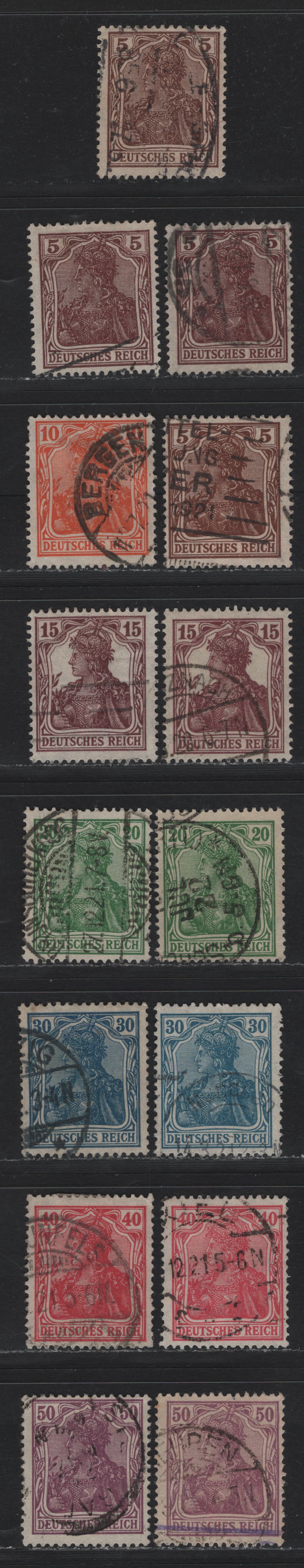 Lot 175 Germany SC#118-125 (140a-b, 141, 142a-b, 143b, 144I, 145aI, 146I) 5pf - 50pf Sienna - Deep Grayish Lilac , 1920 Germania Issue, 9 Fine/Very Fine Used Singles, Shade Variations, All 30pf-50pf Values Are Type II