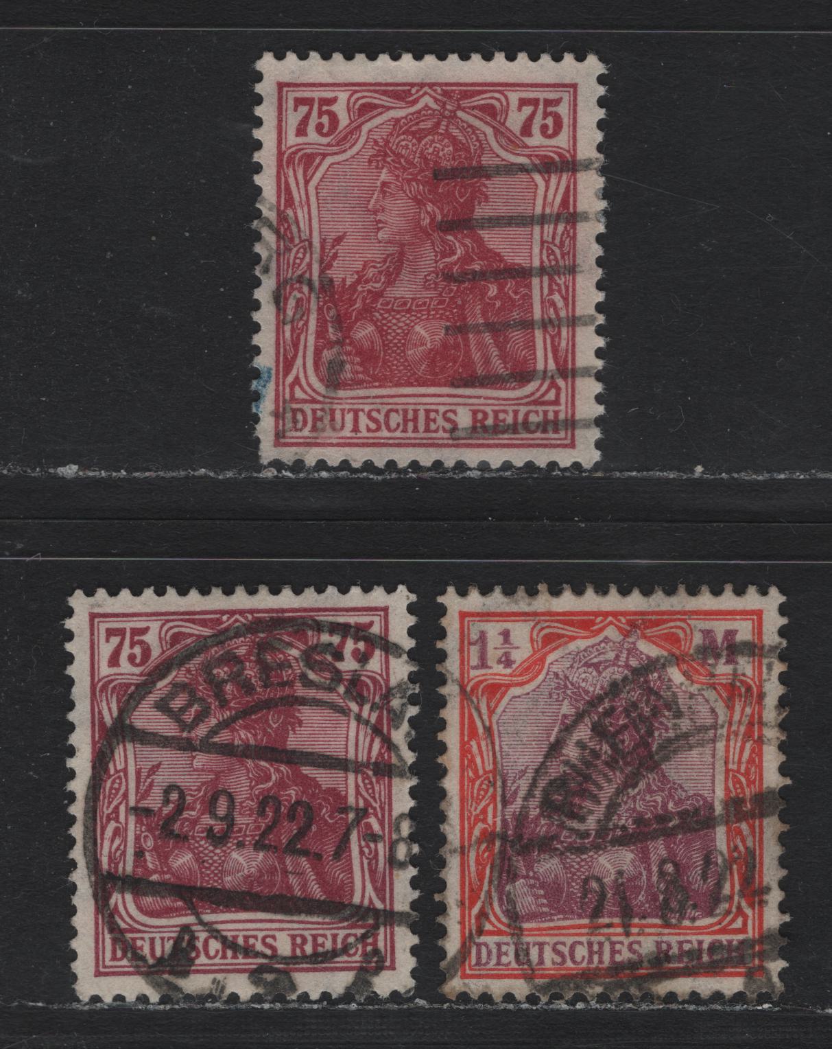 Lot 177 Germany SC#169, 174 (197a-b, 198) 75pf - 1.25m Lilac Red - Orange Red & Dark Carmine Lilac , 1921-1922 Germania Issue, 3 Very Fine Used Singles, Scarcer 75pf Lilac Carmine With Sept 2 1922 Breslau SON CDS