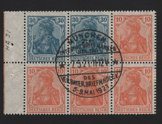 Lot 180 Germany SC#119, 123 (31A) 10pf - 30pf Yellow Orange - Prussian Blue , 1920 Germania Issue, A Fine Used Booklet Pane Of 6, CTO, Perforated Selvedge With Commemorative Munich International Stamp Exhibition Cancel Dated May 7 1921