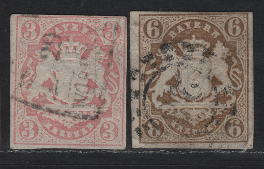 Lot 18 Bavaria SC#16, 18 (Michel# 15-16) 3kr - 6kr Rose - Bistre , 1867-1868 Imperf Embossed Arms Issue, 2 Fine Used Singles, Narrow, But Clear Margins