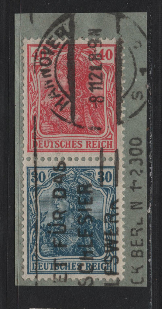 Lot 181 Germany SC#123-124 (51a) 30pf - 40pf Prussian Blue - Carmine Red , 1921 Germania Issue, A Very Fine Used Booklet Pair, November 8 1921 Hannover Machine Cancel