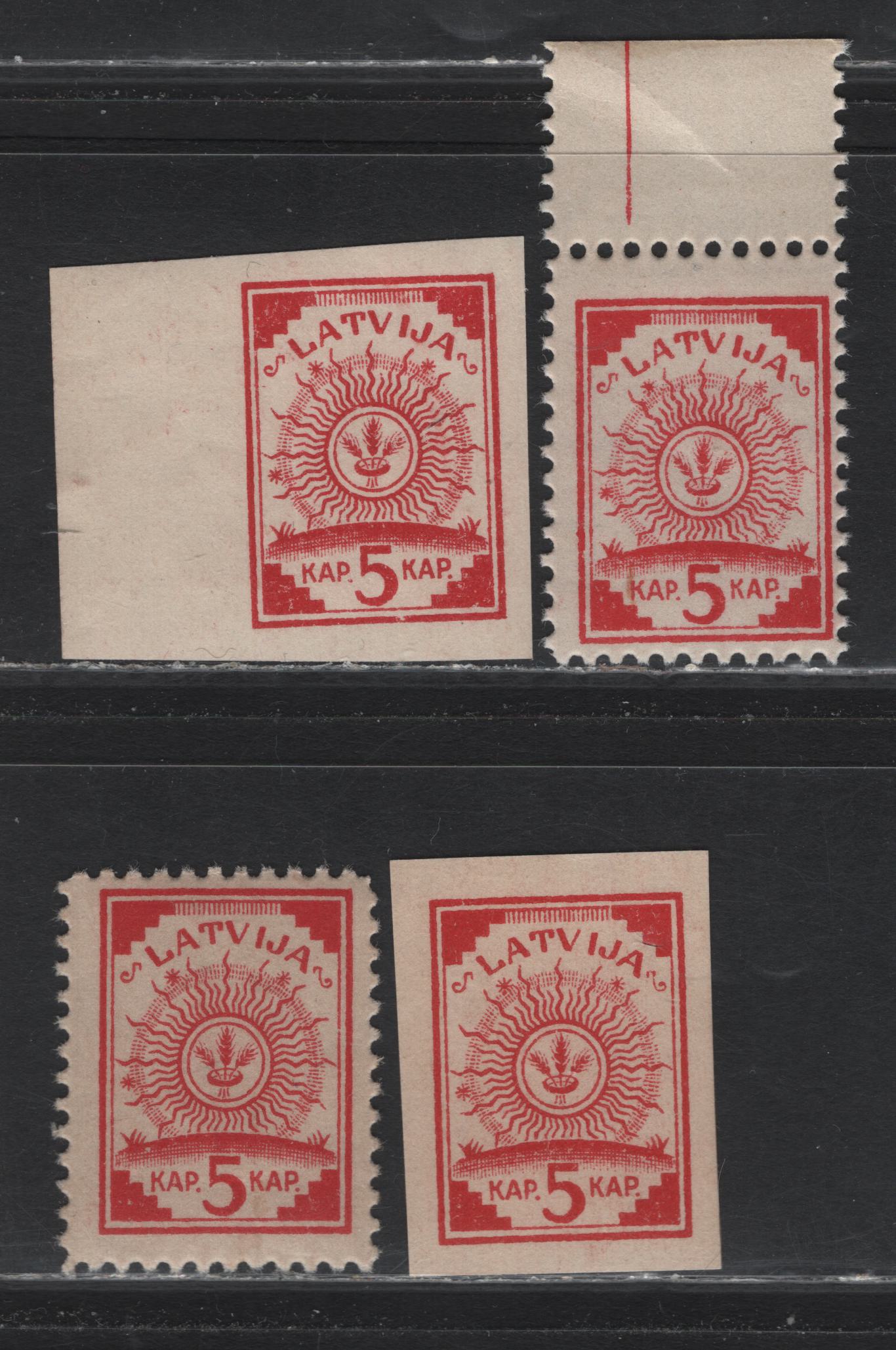 Lot 185 Latvia SC#1-2 5k Carmine , 1918 Arms Issue, 4 F/VFNH Singles, Military Map Paper, Different Printing Colors