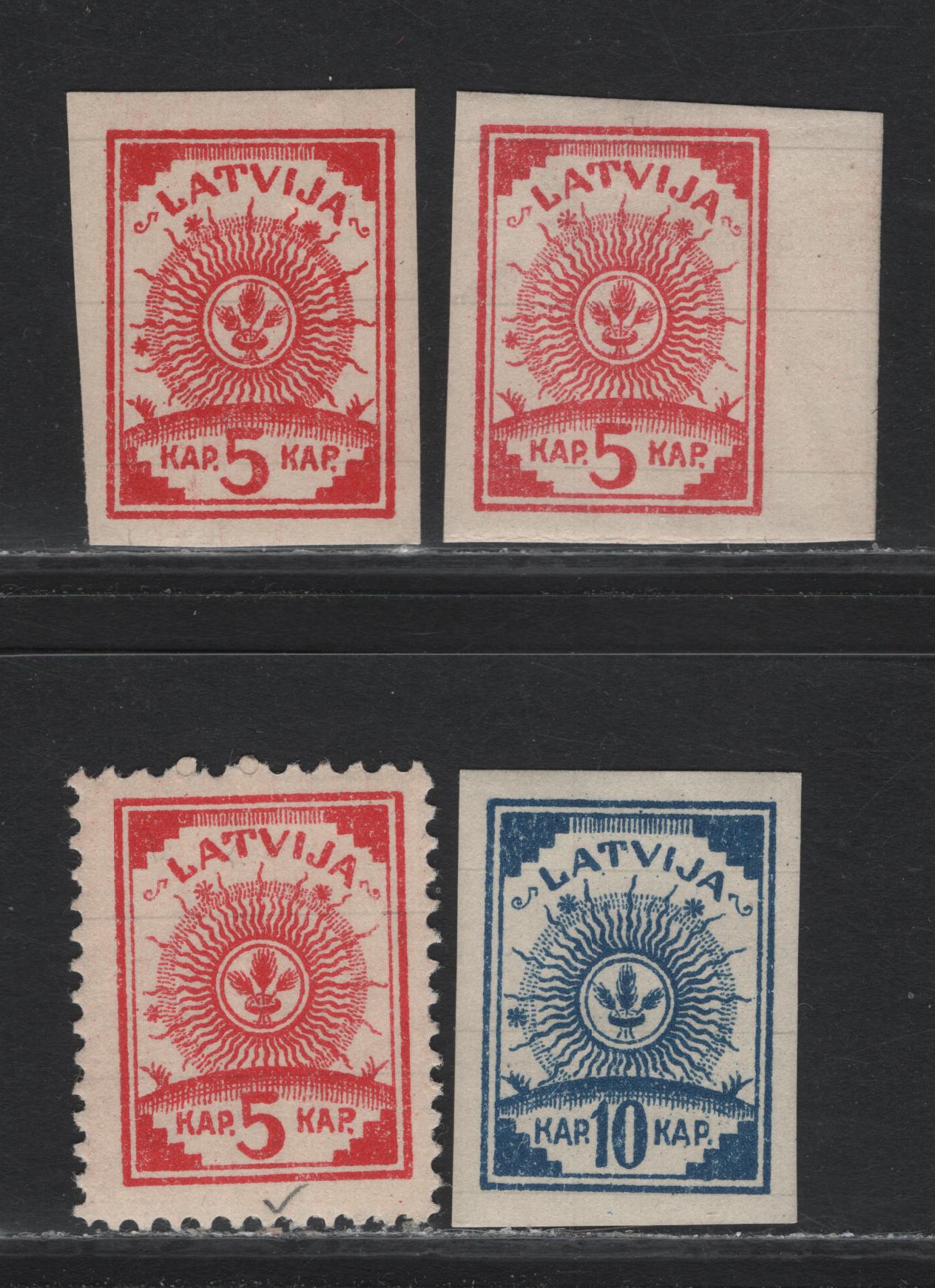 Lot 186 Latvia SC#3-4, 6-7 5k - 10k Carmine - Dark Blue , 1919 Arms Issue, 4 F/VFNH Singles, Paper With Ruled Lines, Includes 2 Shades Of Imperf 5k