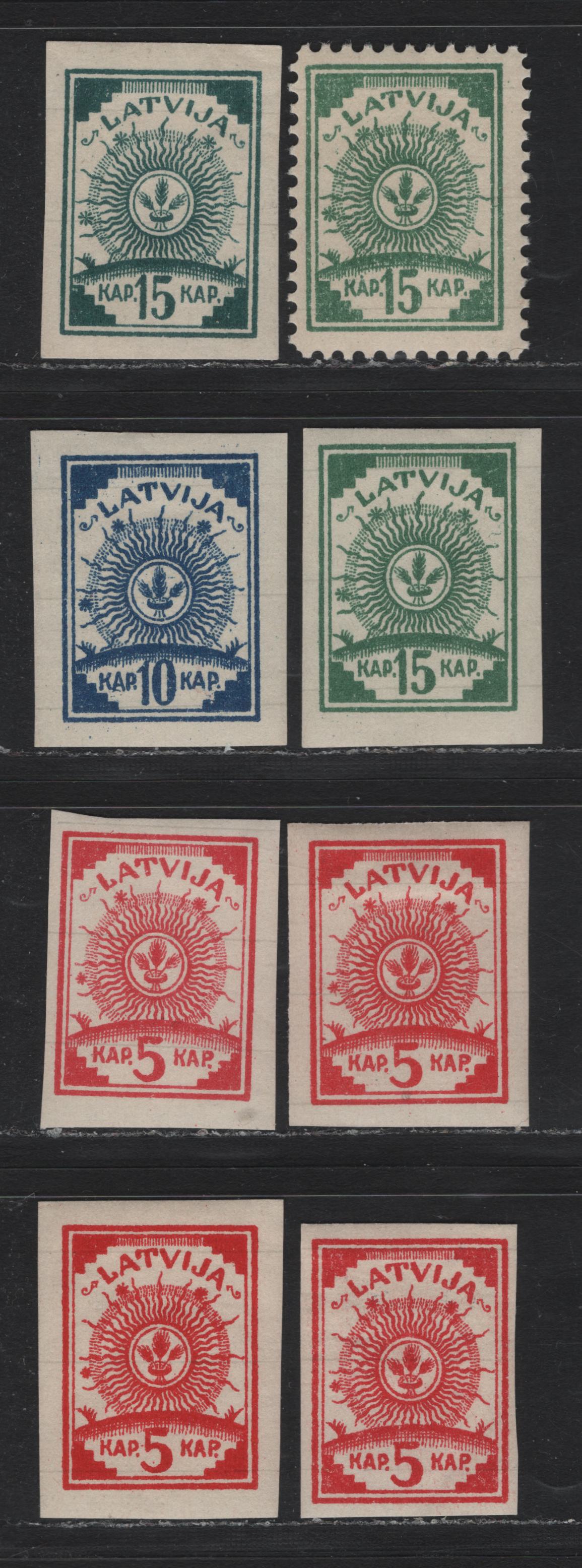 Lot 187 Latvia SC#3-5, 8 5k - 15k Carmine - Deep Green , 1919 Arms Issue, 8 F/VFOG Singles, Paper With Ruled Lines, Perf 11.5 & Imperf, Extra Shades Of 5k & 10k.