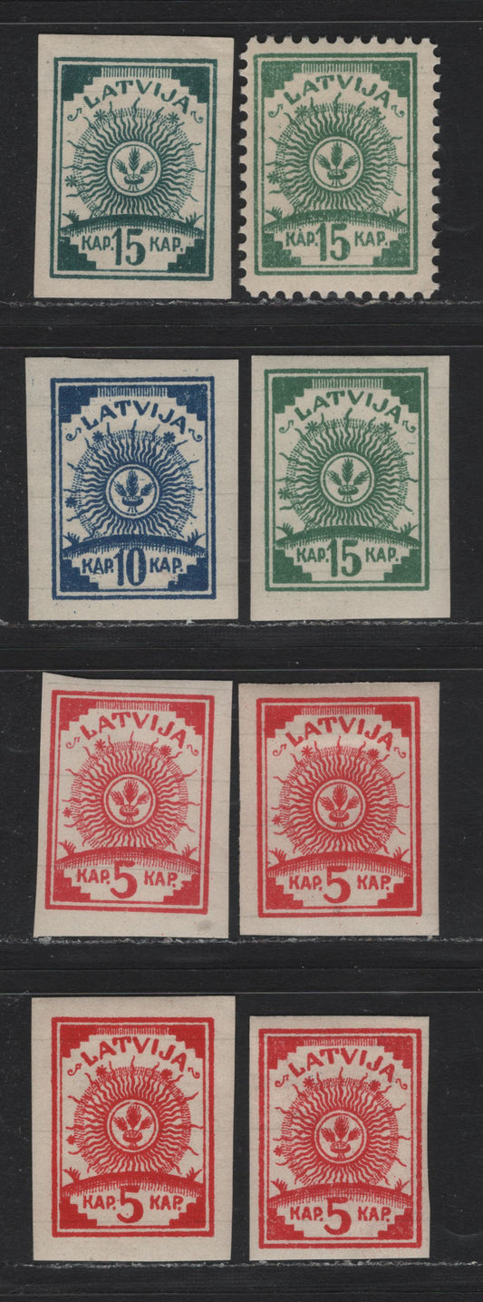 Lot 187 Latvia SC#3-5, 8 5k - 15k Carmine - Deep Green , 1919 Arms Issue, 8 F/VFOG Singles, Paper With Ruled Lines, Perf 11.5 & Imperf, Extra Shades Of 5k & 10k.