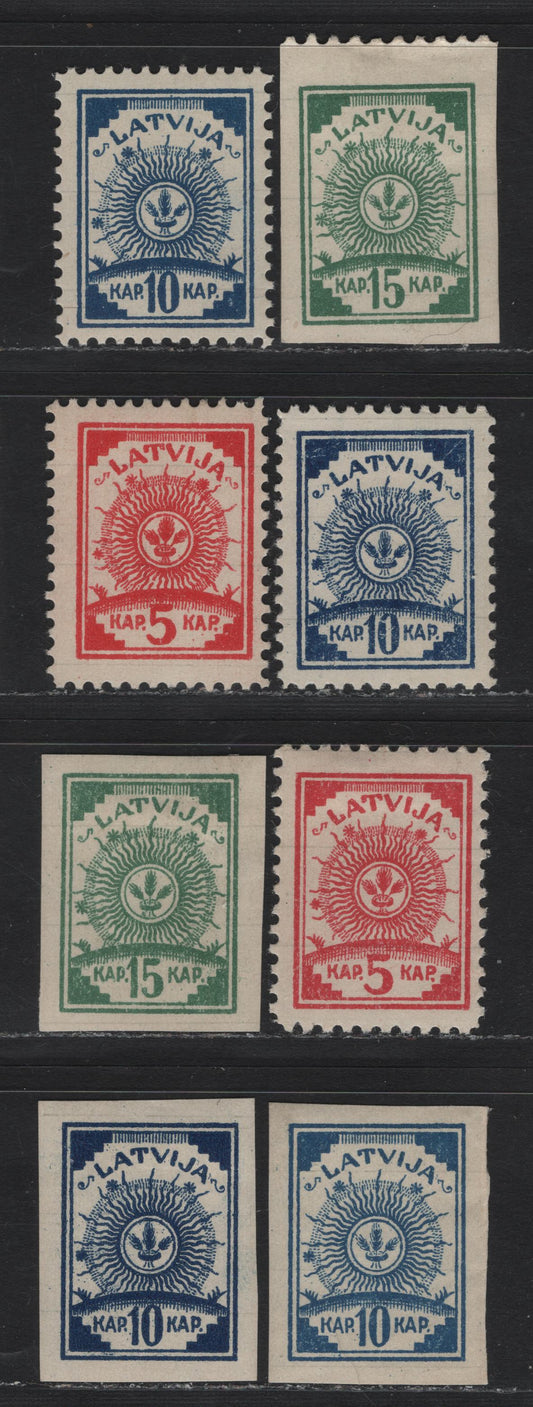 Lot 188 Latvia SC#4-7 10k - 5k Dark Blue - Carmine , 1919 Arms Issue, 8 F/VFOG Singles, Paper With Ruled Lines, Extra Shades Of 5k Plus 10k Part Perf 10 From The Center Of The Sheet