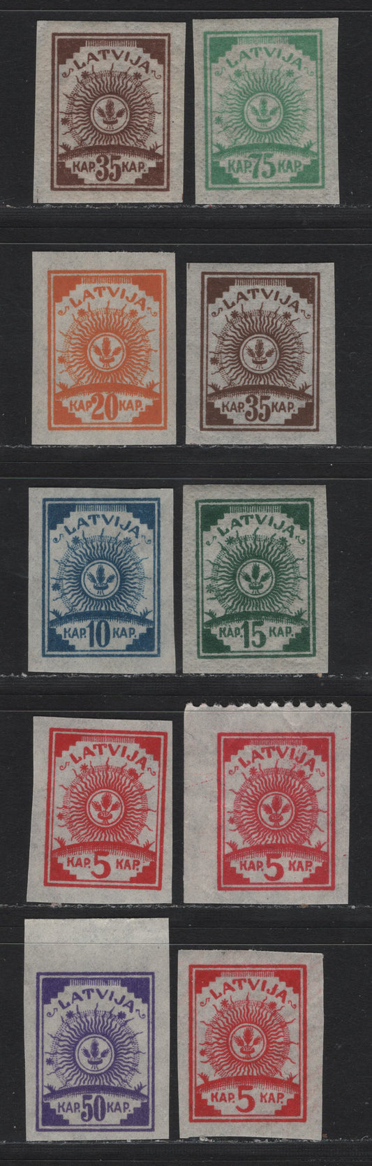 Lot 189 Latvia SC#10-16 5k - 75k Carmine - Emerald , 1919 Arms Issue, 10 VFNH Singles, Pelure Paper, Imperf, Nearly Complete Set, Missing 3k Lilac & 25k Gray, Includes Part Perf 5k.