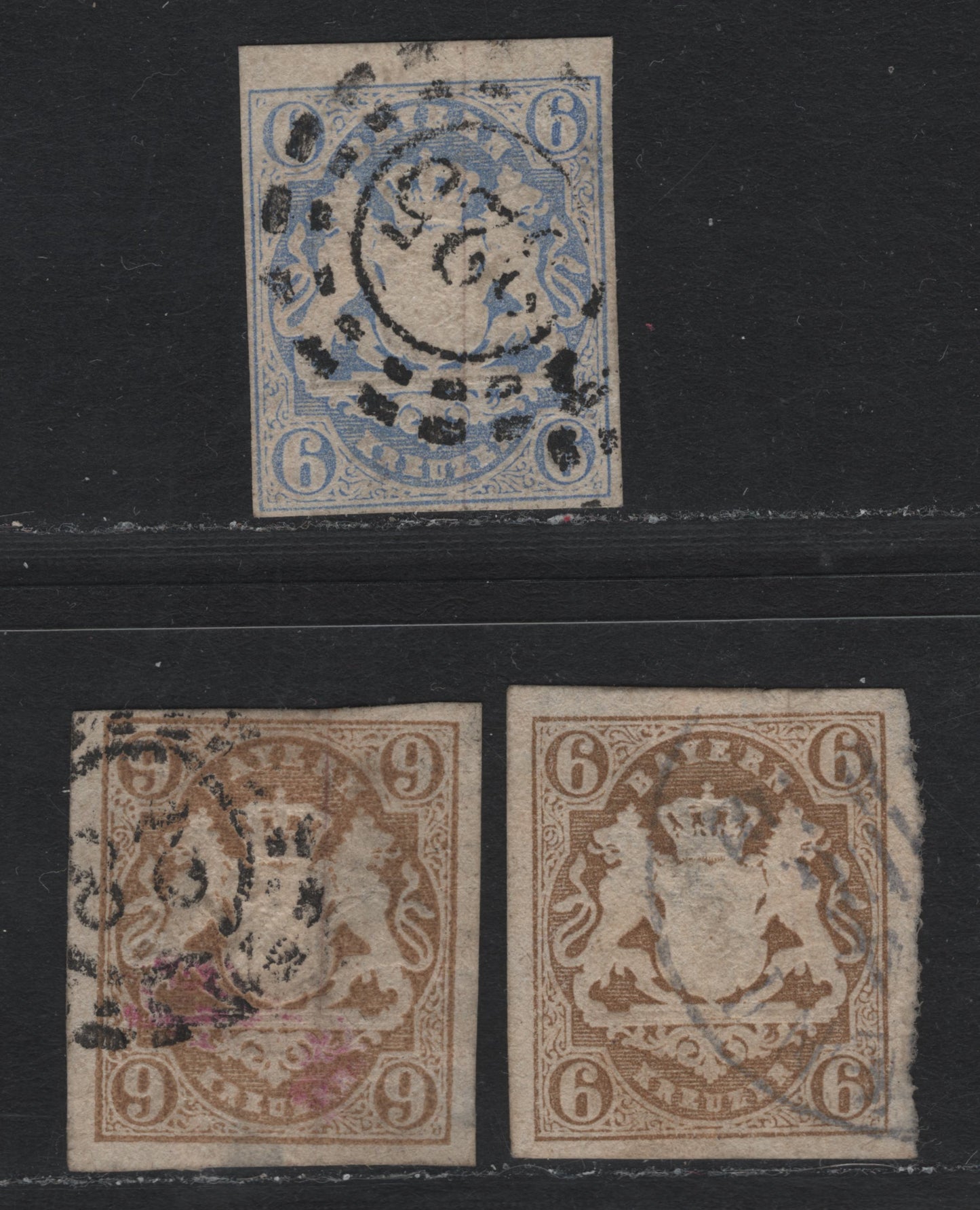Lot 19 Bavaria SC#17-18, 20 (Michel# 16-17, 20) 6kr - 9kr Ultramarine - Bistre , 1867-1868 Imperf Embossed Arms Issue, 3 Very Good/Fine Used Singles, All With Small Thins