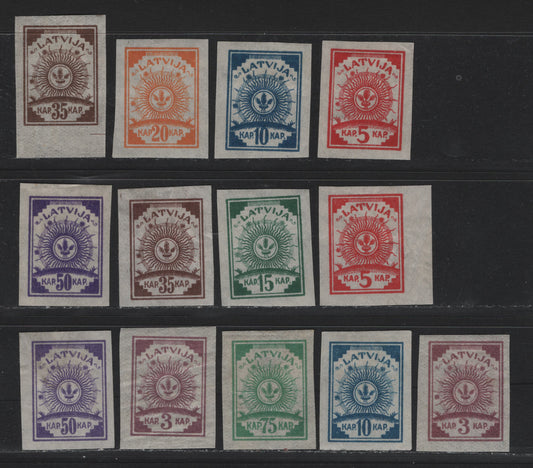 Lot 191 Latvia SC#9-16 3k - 75k Lilac - Emerald , 1919 Arms Issue, 13 VFOG Singles, Pelure Paper, Complete OG Set With Shade Variations, Except The 25k Gray.