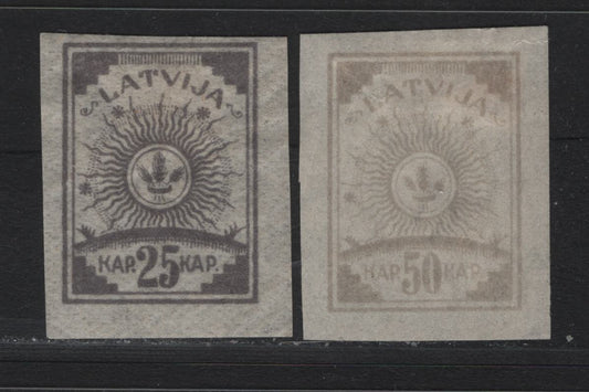 Lot 192 Latvia SC#13A, 15var 25k - 50k Gray - Pale Gray Lialc , 1919 Arms Issue, 2 F/VFOG Singles, 50k Is Listed As Purple Only, This Might Be Faded, Or It Is An Unlisted Variation.