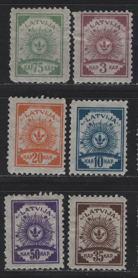 Lot 194 Latvia SC#17, 19, 21, 22-24 3k - 75k Lilac - Emerald , 1919 Arms Issue, 6 F/VFOG Singles, Pelure Paper, Perf 11, Unlisted In Scott.
