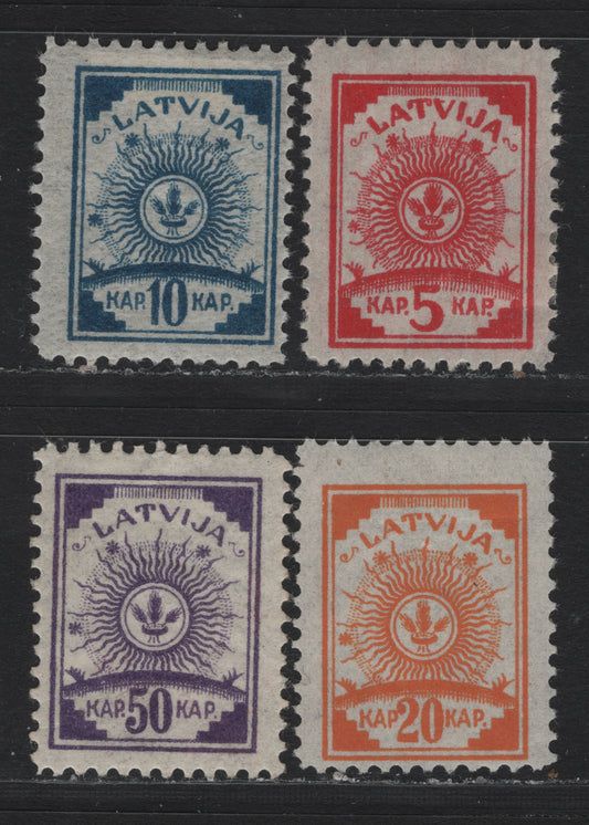 Lot 195 Latvia SC#18-19, 21, 23 5k - 50k Carmine - Purple , 1919 Arms Issue, 4 FOG Singles, Perf 11.5,