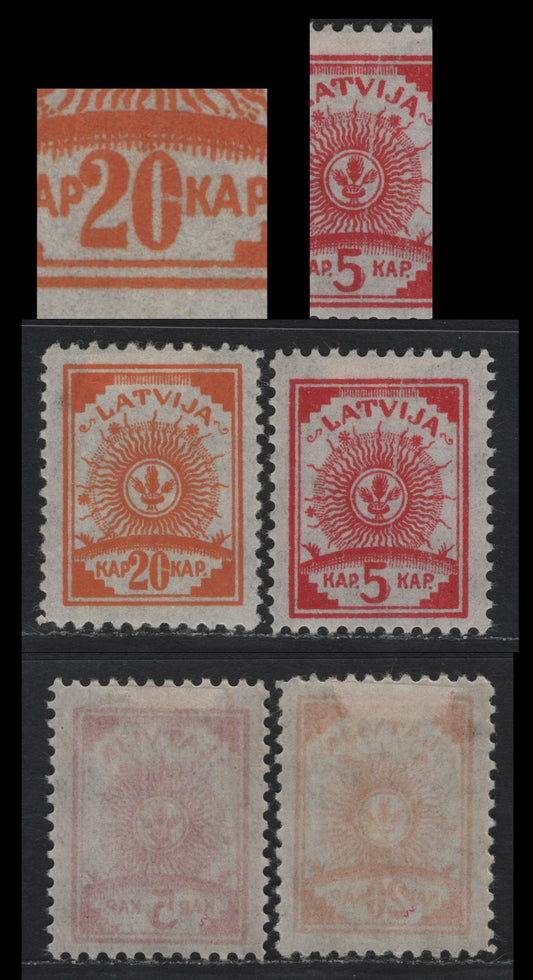Lot 198 Latvia SC#18var, 21var 18var, 21var 5k - 20k Carmine - Orange, 1919 Arms Issue, 2 VFOG Singles, Perf 11.5, Showing Vertical Scratch Through Design & Broken '0' of '20'