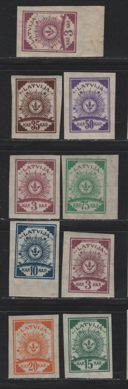 Lot 199 Latvia SC#25, 27-29, 31, 33 3k - 75k Lilac - Emerald , 1919 Arms Issue, 9 VFNH Singles, Honeycomb Wmk, 3 Shades of 3k Lilac