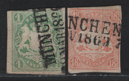 Lot 20 Bavaria SC#15a, 22 (Michel# 14a, 19) 1kr - 18kr Dark Bluish Green - Red , 1867-1868 Imperf Embossed Arms Issue, 2 Good/Very Good Used Singles, Straight Line Munich Cancels, 1kr Has A Visible Corner Crease At LL