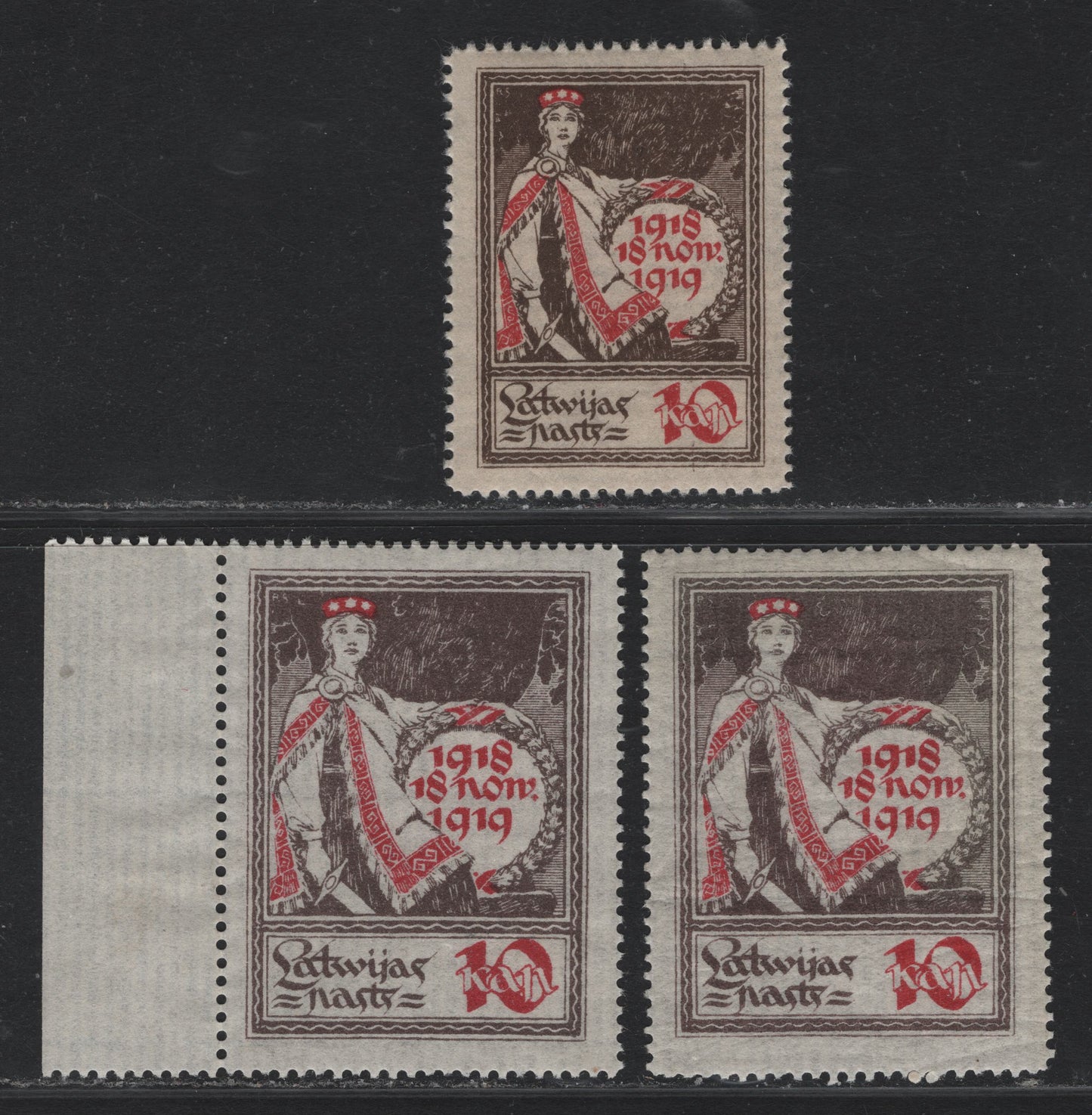 Lot 205 Latvia SC#60-61 10k Brown & Rose , 1919 Independence Issue, 3 VFNH Singles, Laid Paper, Both Design Sizes