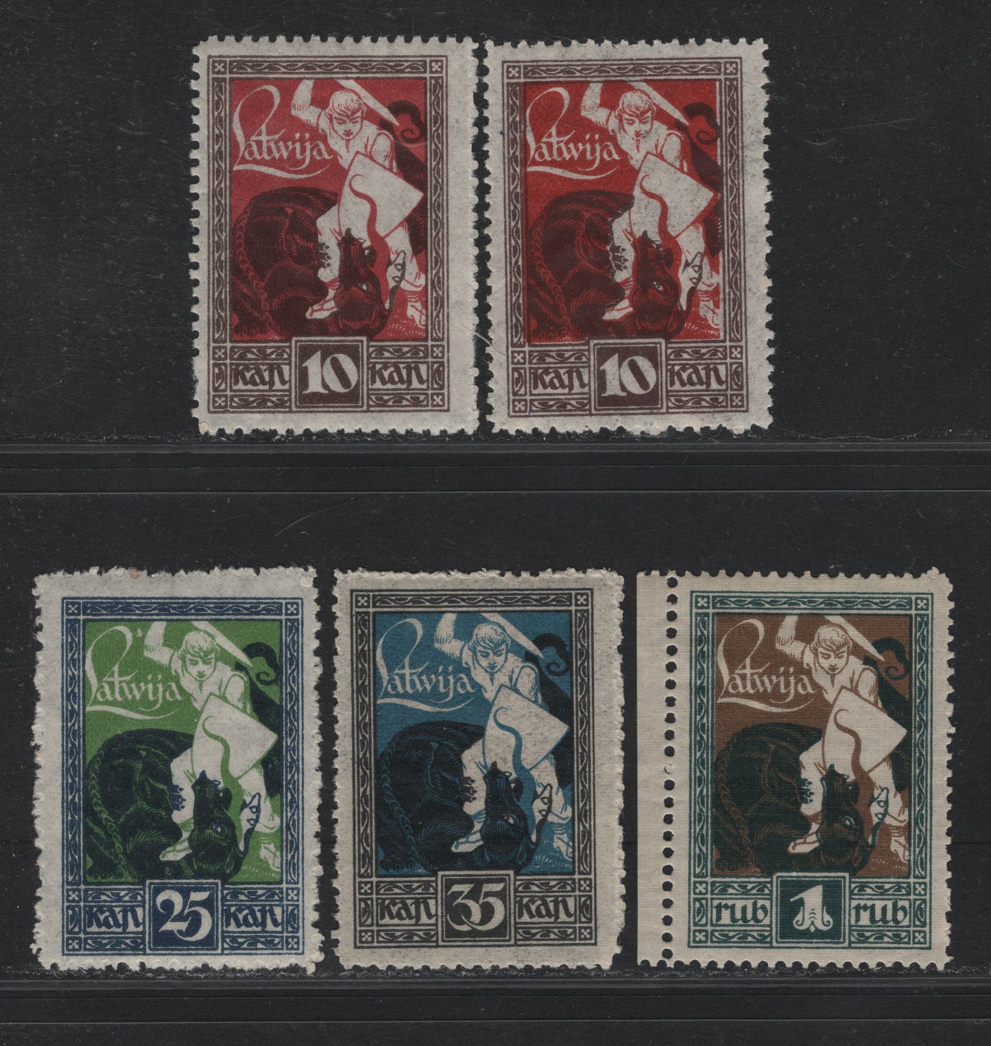 Lot 207 Latvia SC#64-67 10k - 1r Brown & Carmine - Dark Green & Brown Olive , 1919 Independence Issue, 5 F/VFNH Singles, Includes 2 Shades Of 10k,