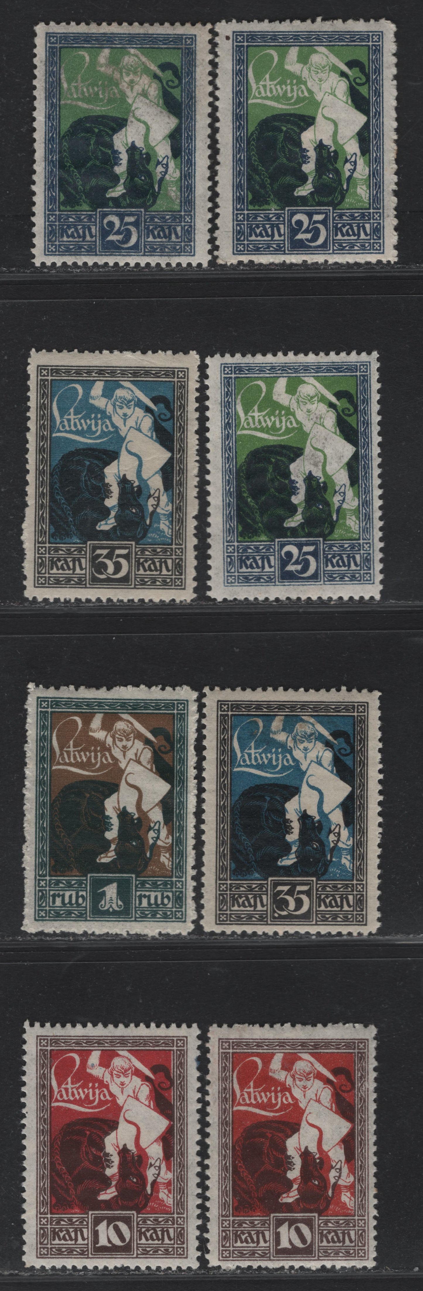 Lot 210 Latvia SC#64-67 10k - 1k Brown & Carmine - Dark Green & Brown Olive , 1919 Liberation of Kurland Issue, 8 VFOG Singles, Shade Variations Of All Values Except 1r, These Shades Are Different From Lot 209