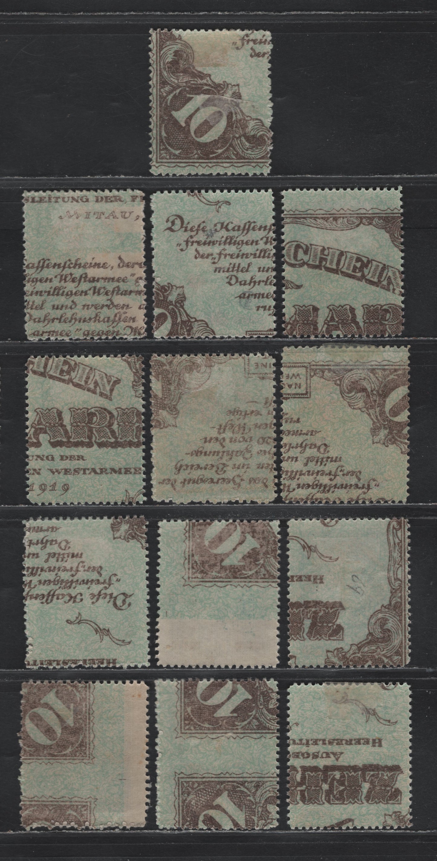 Lot 213 Latvia SC#68-69 50k - 1r Dark Green & Rose - Slate Green & Brown , 1920 Latgate Relief Issue, 13 F/VFOG Singles, Various Perfs & Map Design Orientations,