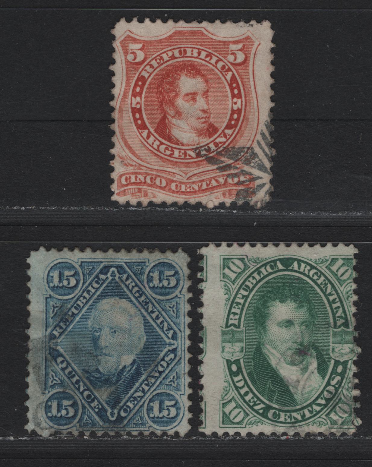 Lot 224 Argentina SC#18A, 19-20 10c - 5c Green - Vermillion , 1867-1868 Rividavia, Belgaro & San Martin Issue, 3 Good/Very Good/Fine Used Singles, 5c Blue Background of Horizontal Lines, 5c Vermillion Background of Crossed Lines, Three Thin Spots On 15c.