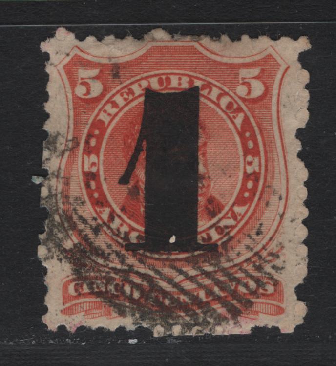 Lot 225 Argentina SC#30 1c on 5c Vermillion , 1877 Surcharged Issue, A Fine Used Single