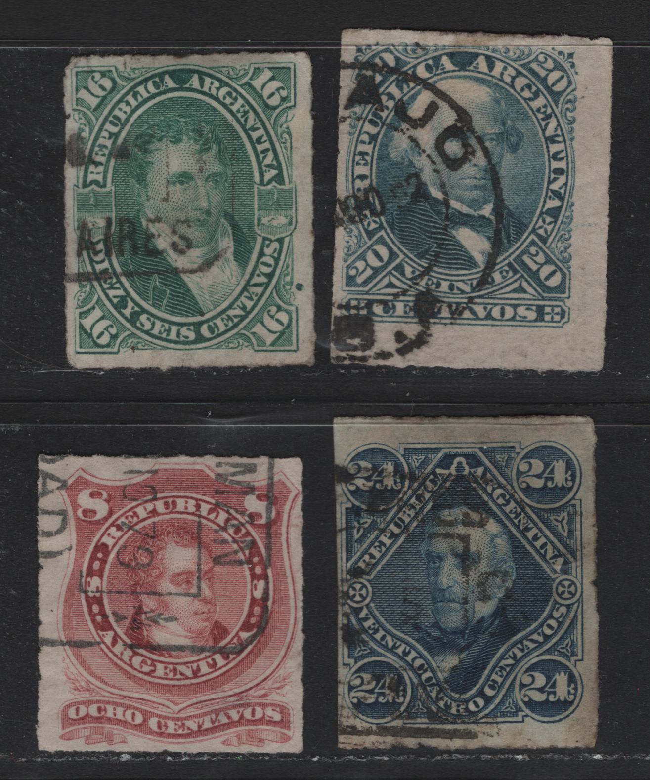 Lot 226 Argentina SC#34-37 8c - 24c Lake - Blue , 1876-1878 Rouletted Portraits Issue, 4 Very Good/Fine/Very Fine Used Singles, Left Edge Of 24c Is Cut