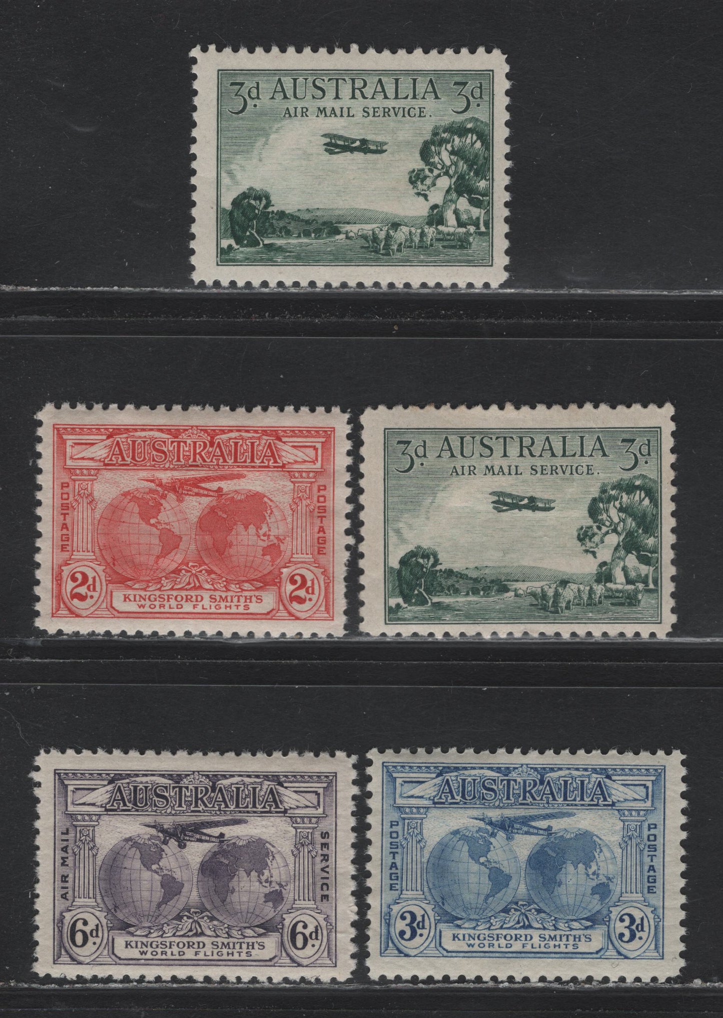 Lot 232 Australia SC#111-112, C1, C3 2d - 6d Dull Red - Olive Brown , 1929-1931 Trans-Oceanic Flights - Airmail Issues, 5 VFNH, Fine OG and VFOG Singles