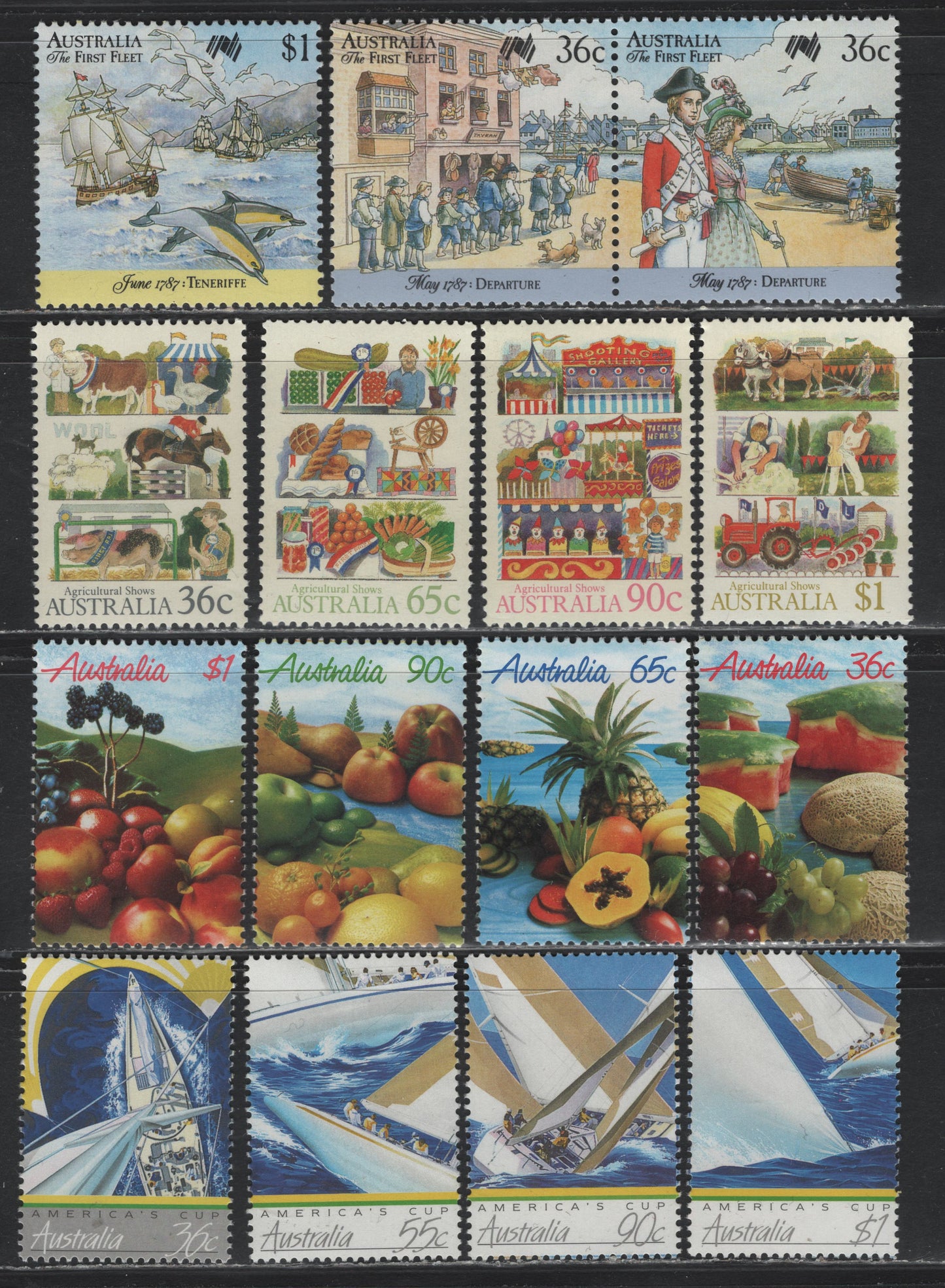 Lot 235 Australia SC#1011-1022, 1024-1026 36c - $1 Multicolored , 1987 Views opf Yacht Racing - First Fleet Leaving England Issues, 15 VFNH Singles & Strip Of 5