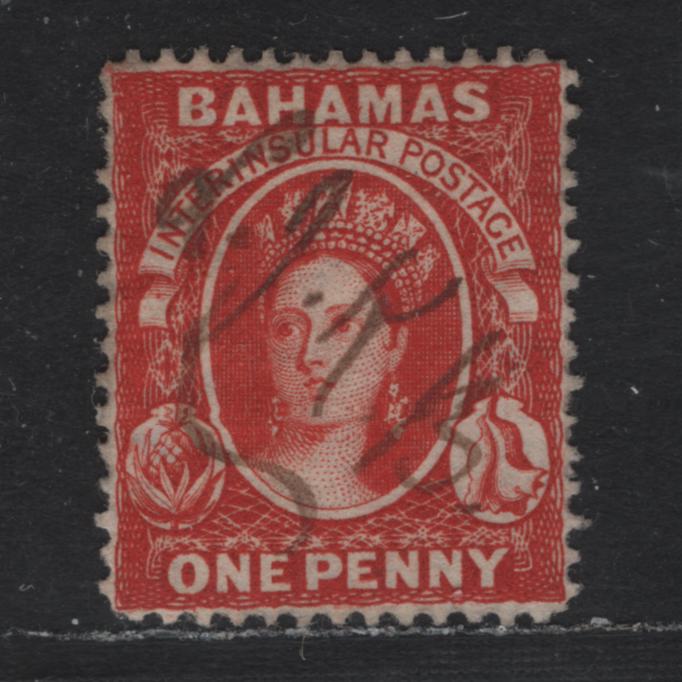 Lot 245 Bahamas SG#33x 1d Scarlet Vermillion , 1863-1877 Queen Victoria Courbould Heads Issue, A Very Fine Used Single, Crown CC Wmk
