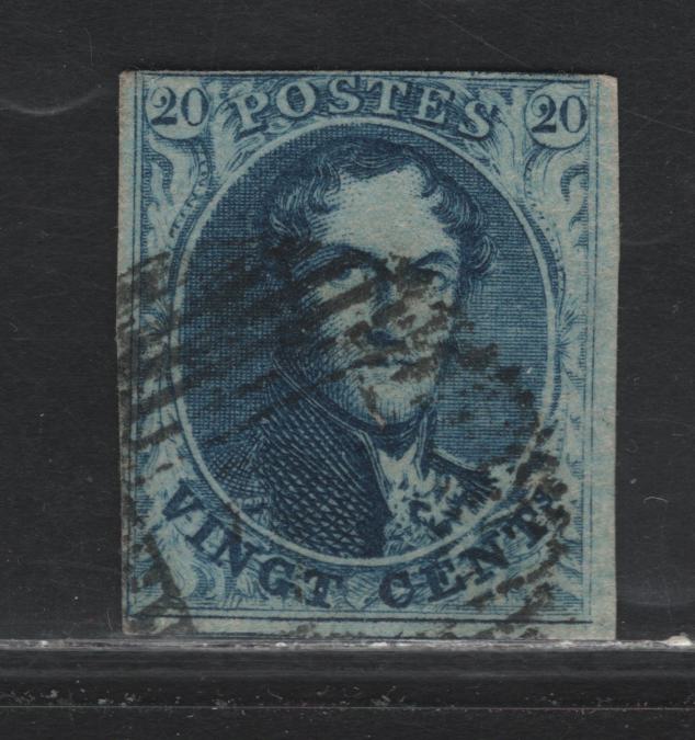 Lot 251 Belgium SC#7a 20c Blue , 1851-1854 King Leopold I Issue, A Very Fine Used Single, Horizontal Ribbed Paper, 4 Clear Margins, Just Barely Clear At Top, Jumbo On Right And Full On The Other Two Sides.