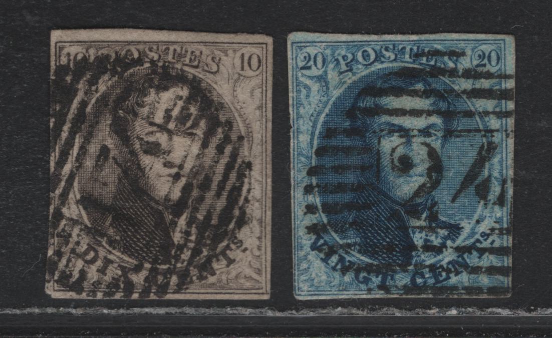 Lot 251A Belgium SC#6a, 7 10c -20c Dark Brown - Blue , 1851-1854 King Leopold I Issue, 2 Fine Used Singles, Horizontal Ribbed Paper on 10c, 20c Faulty and Not Counted, 10c Has 4 Margins That Are Full On 2 Sides & Close On 2 Sides