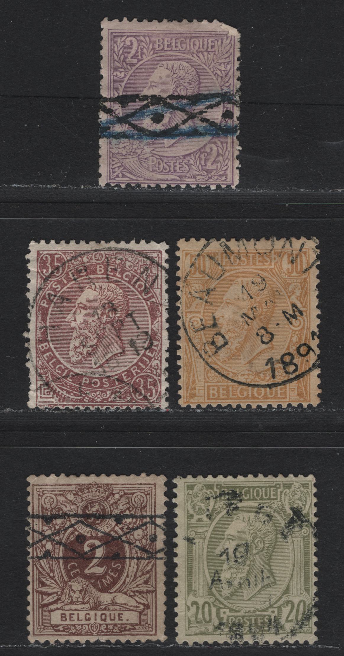 Lot 258 Belgium SC#55-59 2c-2fr Purple Brown - Violet on Pale Lilac King Leopold II, 1886-1891 King Leopold II Sideface Issue, 5 VG & Fine Used Singles 2c and 1fr With Remainder Cancels, Corner Crease on 20c