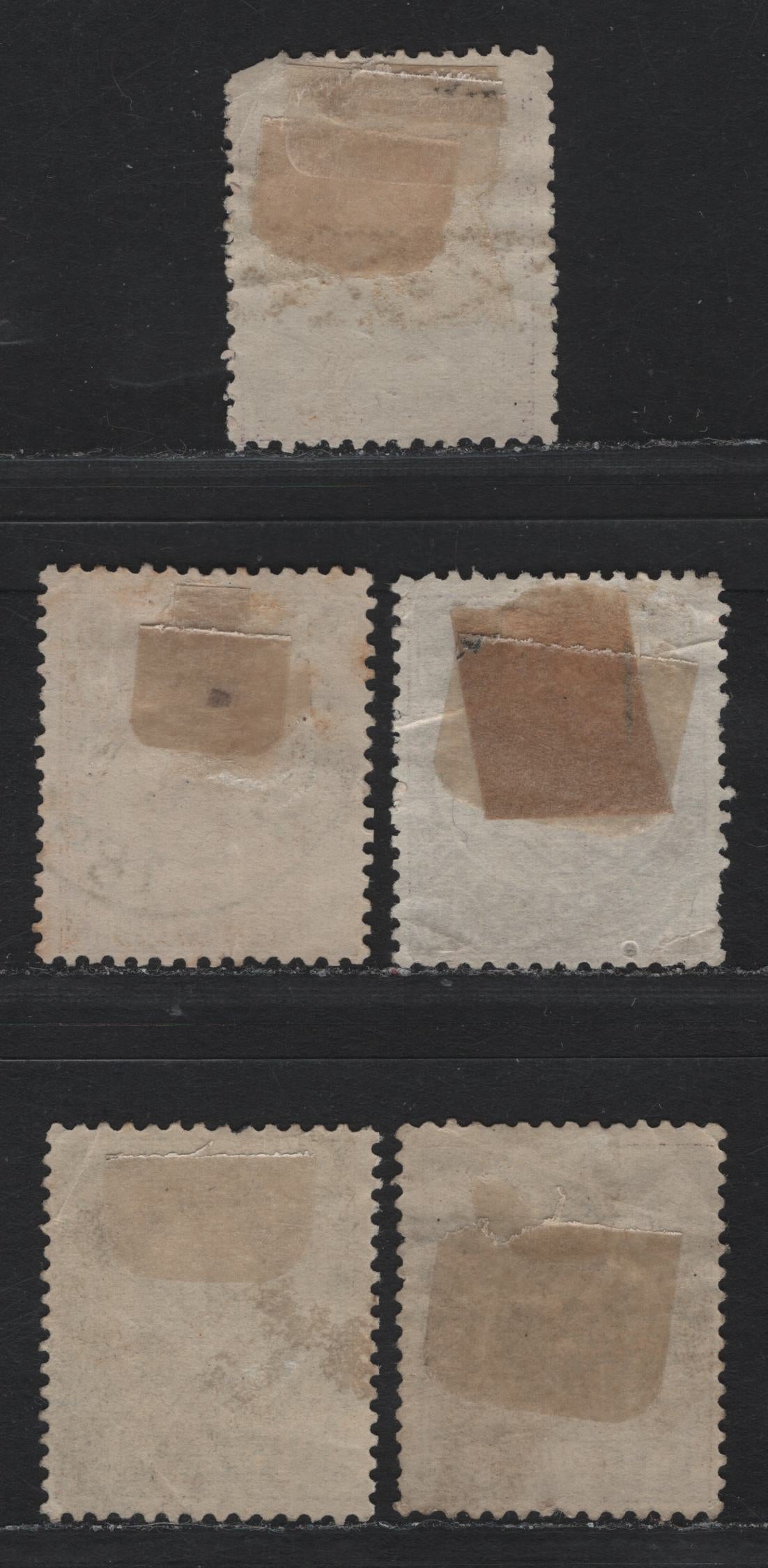 Lot 258 Belgium SC#55-59 2c-2fr Purple Brown - Violet on Pale Lilac King Leopold II, 1886-1891 King Leopold II Sideface Issue, 5 VG & Fine Used Singles 2c and 1fr With Remainder Cancels, Corner Crease on 20c