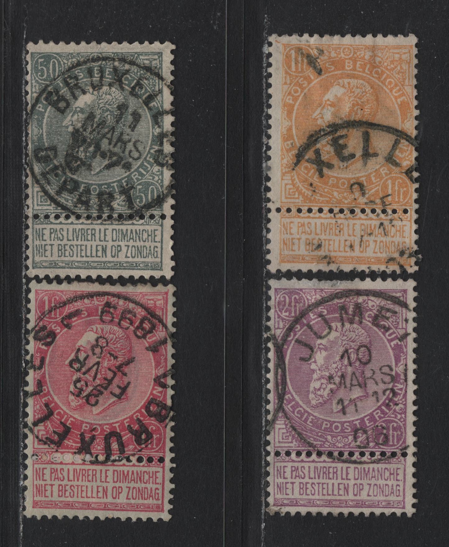 Lot 259 Belgium SC#71, 72, 73a, 75 50c-2f Grey - Lilac King Leopold II, 1893-1900 First Sunday Labels Issue, 4 Fine & VF Used Singles