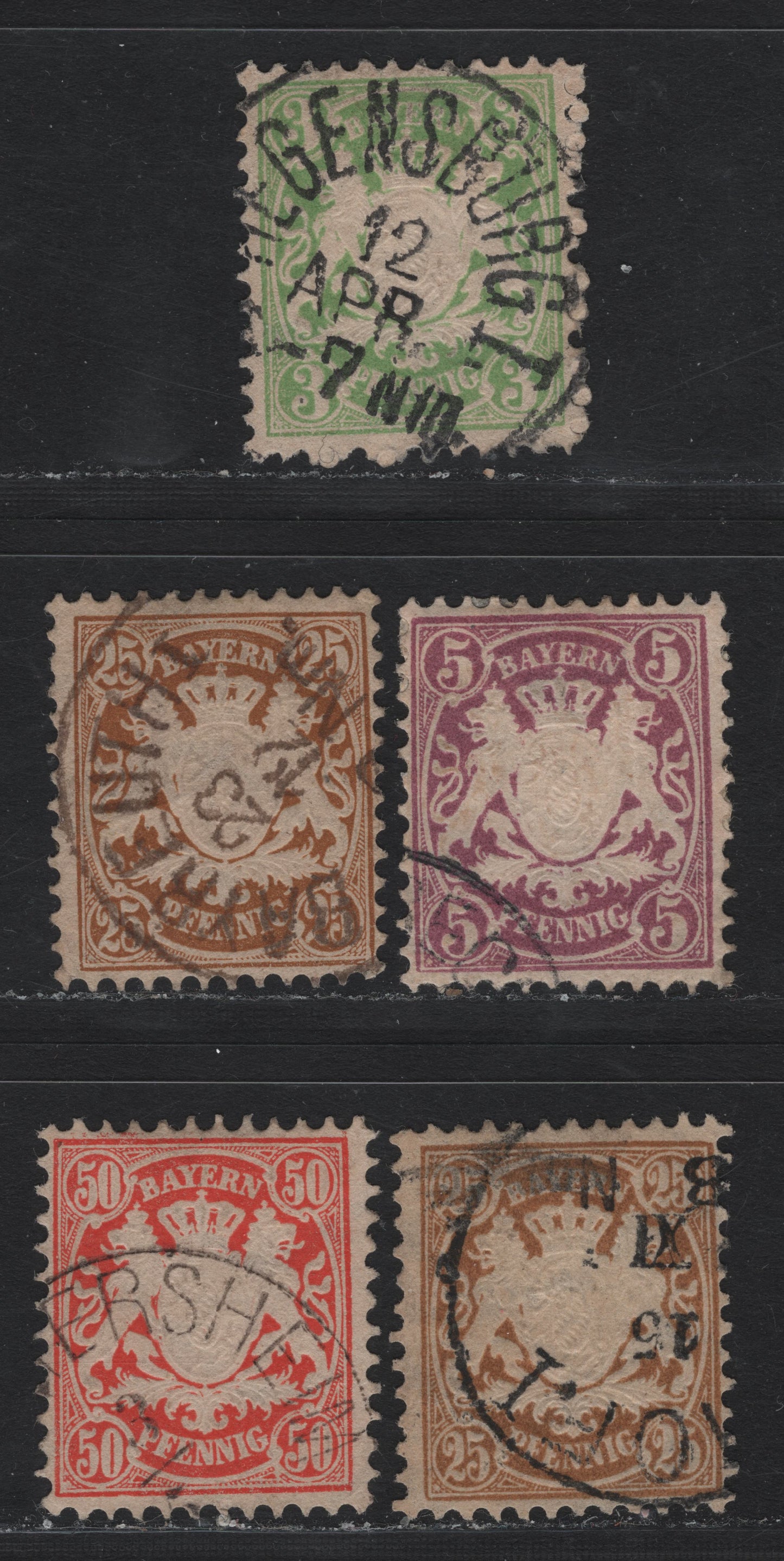 Lot 26 Bavaria SC#38, 40, 43-44 (Michel# 45a, 37b, 41-42) 3pf - 50pf Light Green - Scarlet , 1876-1878 Embossed Arms Issue, 5 Fine/Very Fine Used Singles, Perf 11.5, Wide Horizontal Lines Wmk