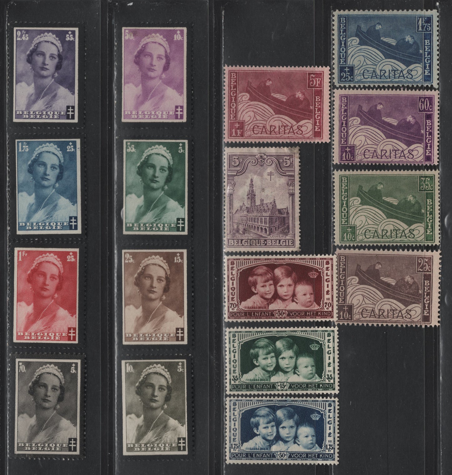 Lot 266 Belgium SC#B64-B177 25c + 10c - 2.45fr + 55c Dark Brown - Dark Violet Boat Adrift - Queen Astrid, 1927 Charitable Associations - 1935 Queen Astrid Memorial Issue, 17 VG, Fine & VFOG Singles B165 Has a Vertical Crease, B83 Has Wrinkles & Stains