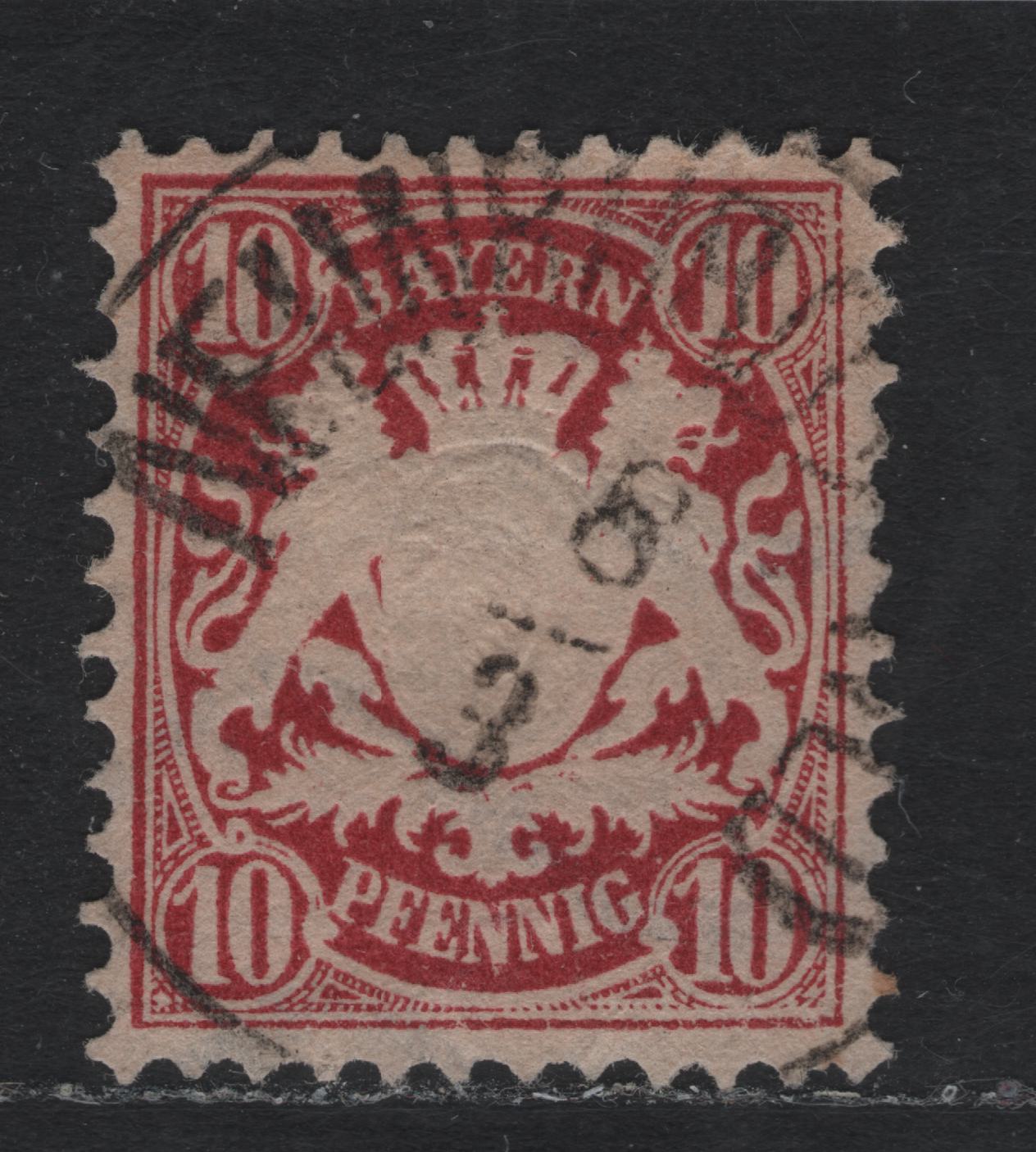 Lot 27 Bavaria SC#41a (Michel# 39c) 10pf Dark Magenta , 1876-1878 Embossed Arms Issue, A Very Fine Used Single, Beautifully Centered, Rare & Distinct Shade
