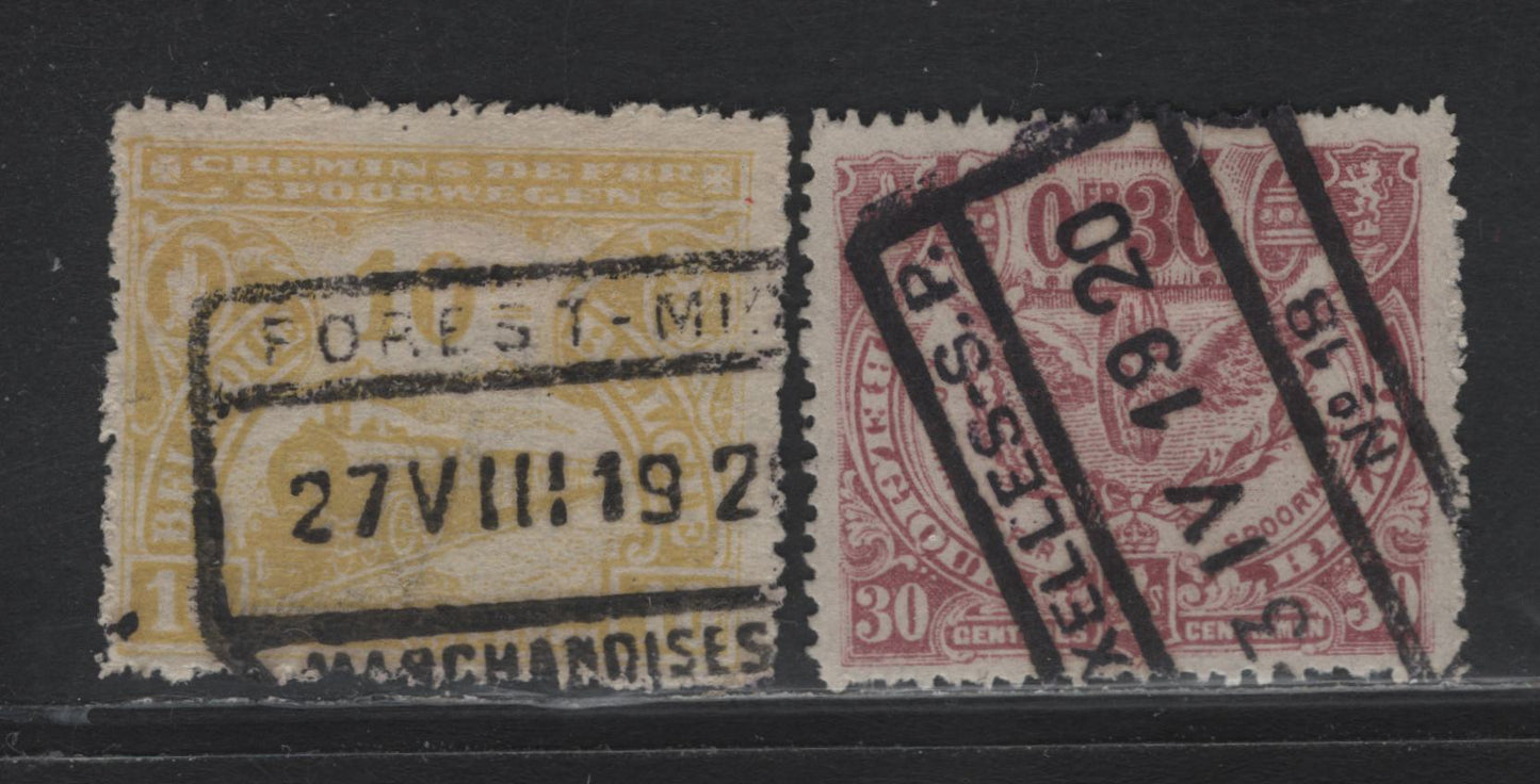 Lot 273 Belgium SC#Q86, Q128 30c & 10fr Red Violet & Lemon Winged Wheel & Train, 1920-21 Parcel Post Issues, 2 Fine Used Singles Key Values